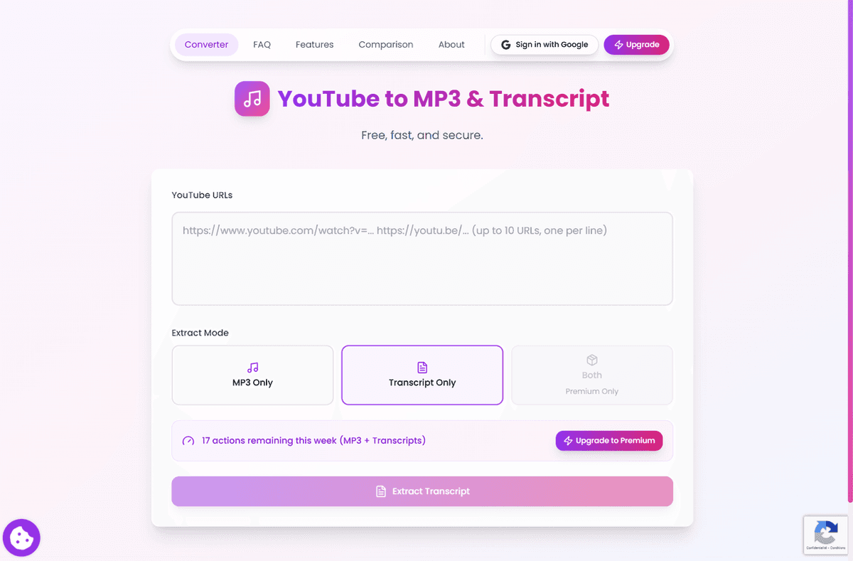 YouTube MP3 Transcript screenshot